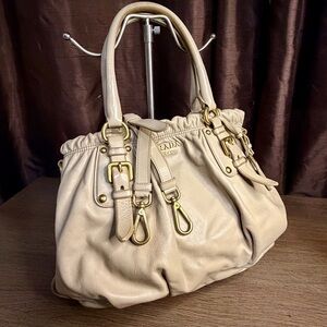 Authentic Prada Beige Leather Shoulder Bag with Gold Hardware